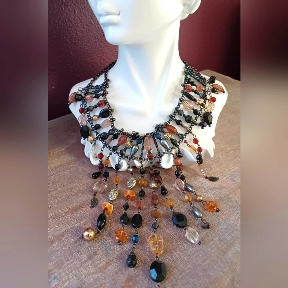 Vintage Fantasy Statement Crystal Bead Stone Drop Jewel Choker Bib Collar - Picture 2 of 9